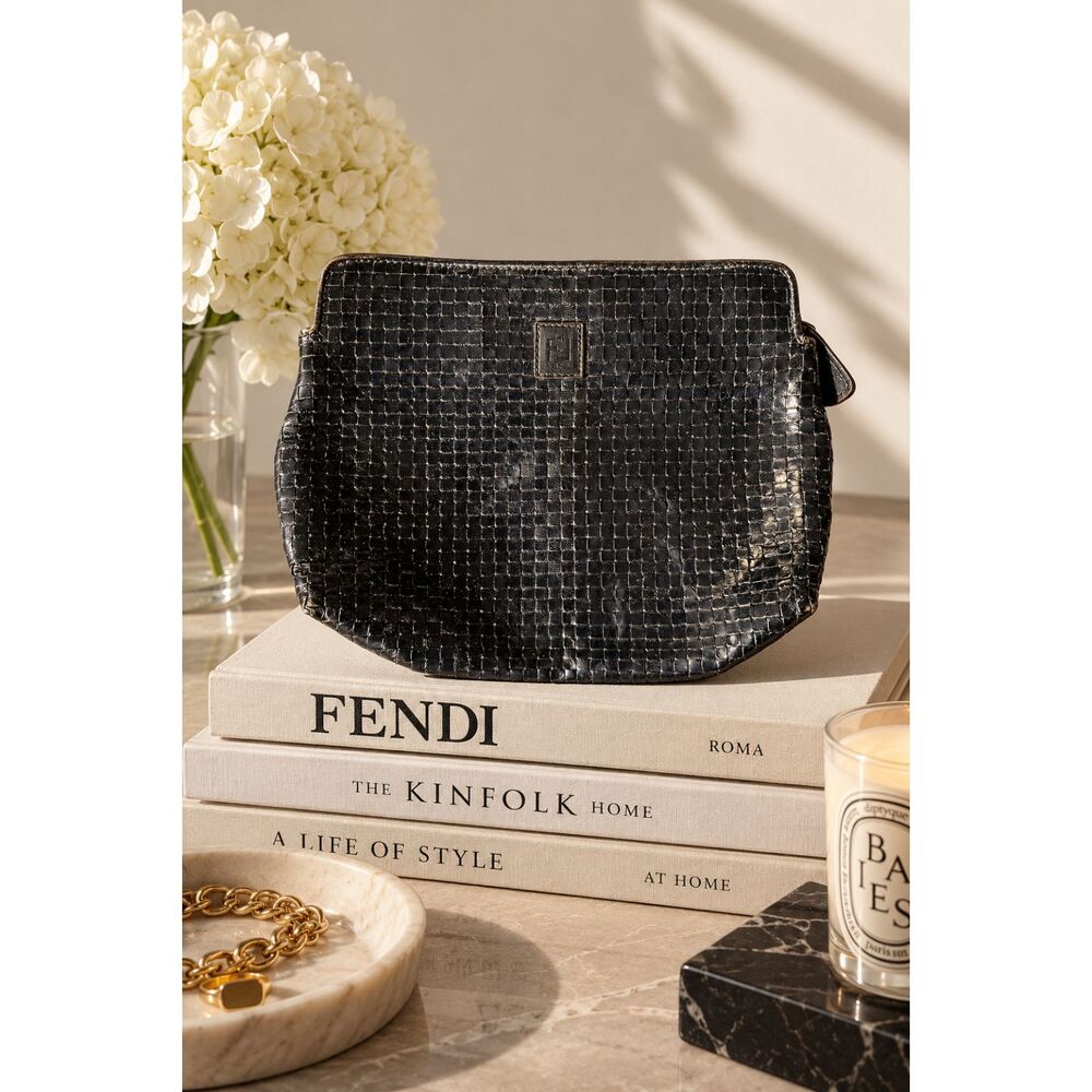 FENDI Vintage Woven Leather Clutch Black